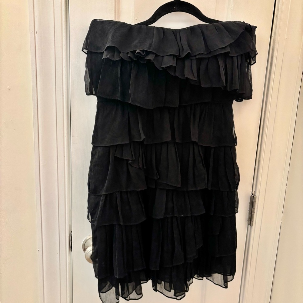 Vintage J. Crew Black 100% Silk Strapless Mini Ruffled Dress size 4 Feminine